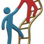 Person helping friend or partner join to climb up the golden ladder of success